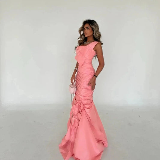 Pink Formal Women Long Bespoke Occasion Gown Evening Dresses Prom Pastrol Unisex Jersey Retro Dubai Saudi Arabic Customized Good Vibrations