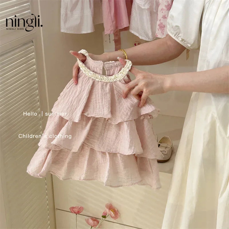 Girls Casual Dresses Summer New Children Clothing Sweet Vest Baby Cake 2024 Round Collar Fashion Soild Sweet Pink Good Vibrations