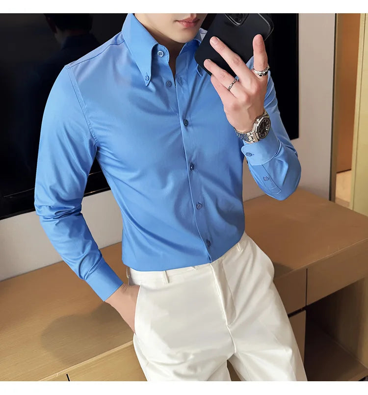 High Quality Versatile Business Casual Shirt Men Korean Fashion Long Sleeved Slim Fit Shirt Office Work Uniform Men Clothing 6XL Good Vibrations
