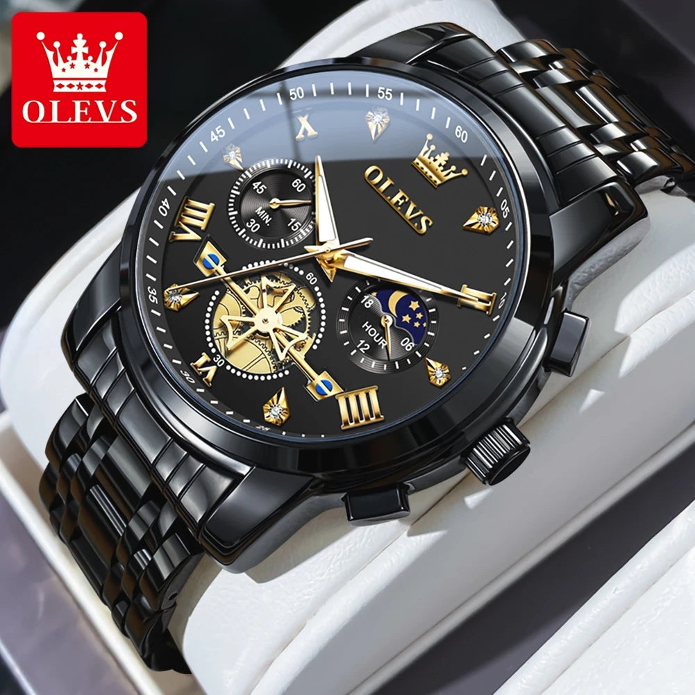 OLEVS Men's Watches Classic Multifunctional Fltwheel Chronograph Original Quartz Wristwatch Moon Phase 24 Hour Waterproof reloj Good Vibrations