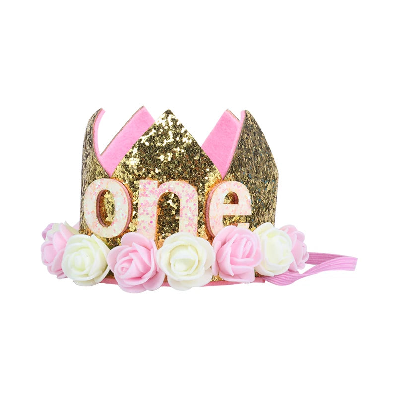 Baby Birthday Decoration Girl 1 2 3 Years Crown Hat Pink White Flower Sequins Crown 1st birthday Photo Prop Happy Birthday Gifts Good Vibrations