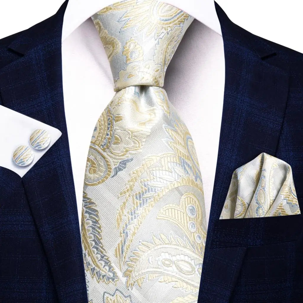 Hi-Tie Champagne Gold Striped Paisley Solid Men Silk Wedding Tie Fashion Design Necktie For Men Hanky Cufflink Business Party Good Vibrations