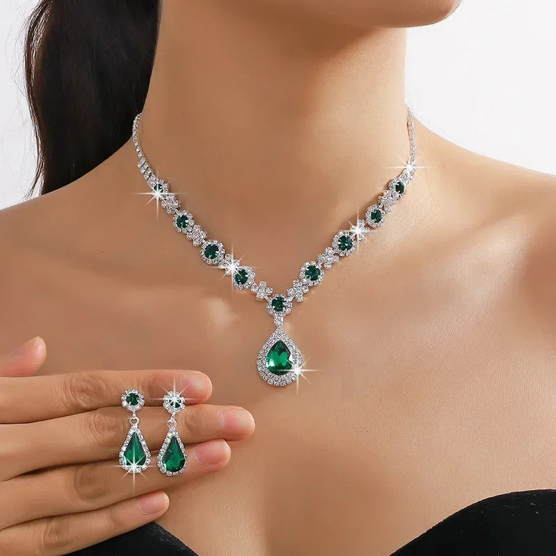 2pcs/set Jewelry Sets Women Elegant Waterdrop Rhinestone Pendant Necklace stud Earrings Wedding Dress Bridal Jewelry Set Good Vibrations