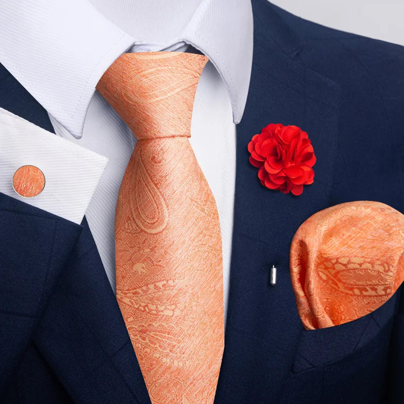 Luxury Mens Ties Floral Black Gold Ties Paisley NeckTie Pocket Square Cufflinks Brooch Set Men's Wedding Party Tie Good Vibrations
