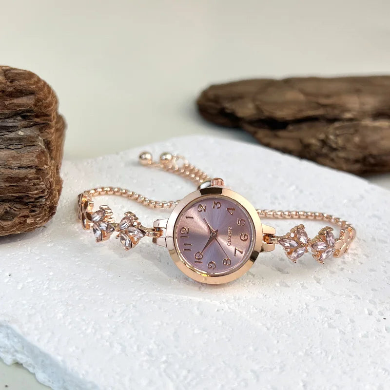 Round alloy case Arabic numeral classic dial leaf-shaped diamond-encrusted fashionable bracelet elegant ladies quartz watch Good Vibrations Adult Super Store