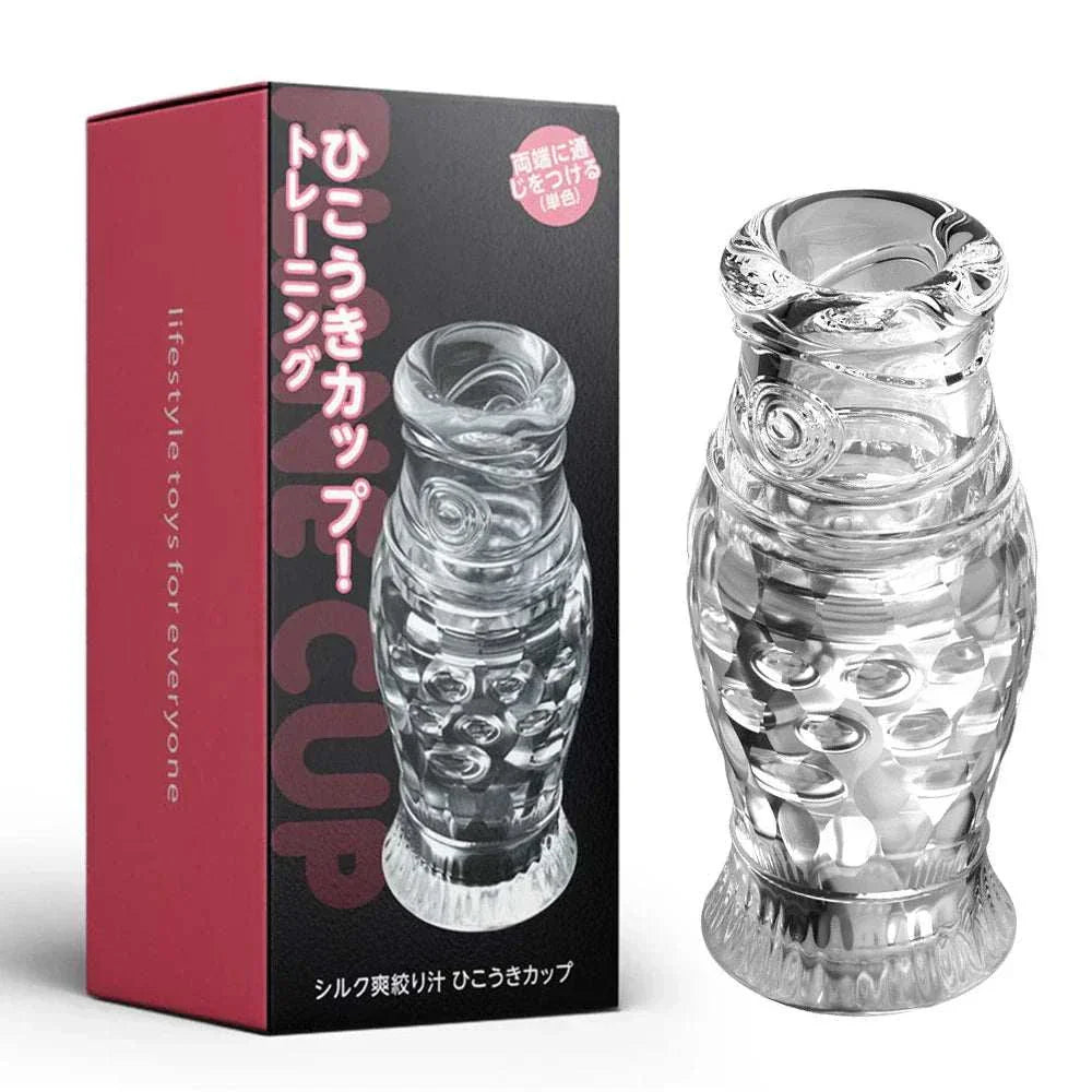 Male masturbator cup with soft silicone, transparent design, and packaging.