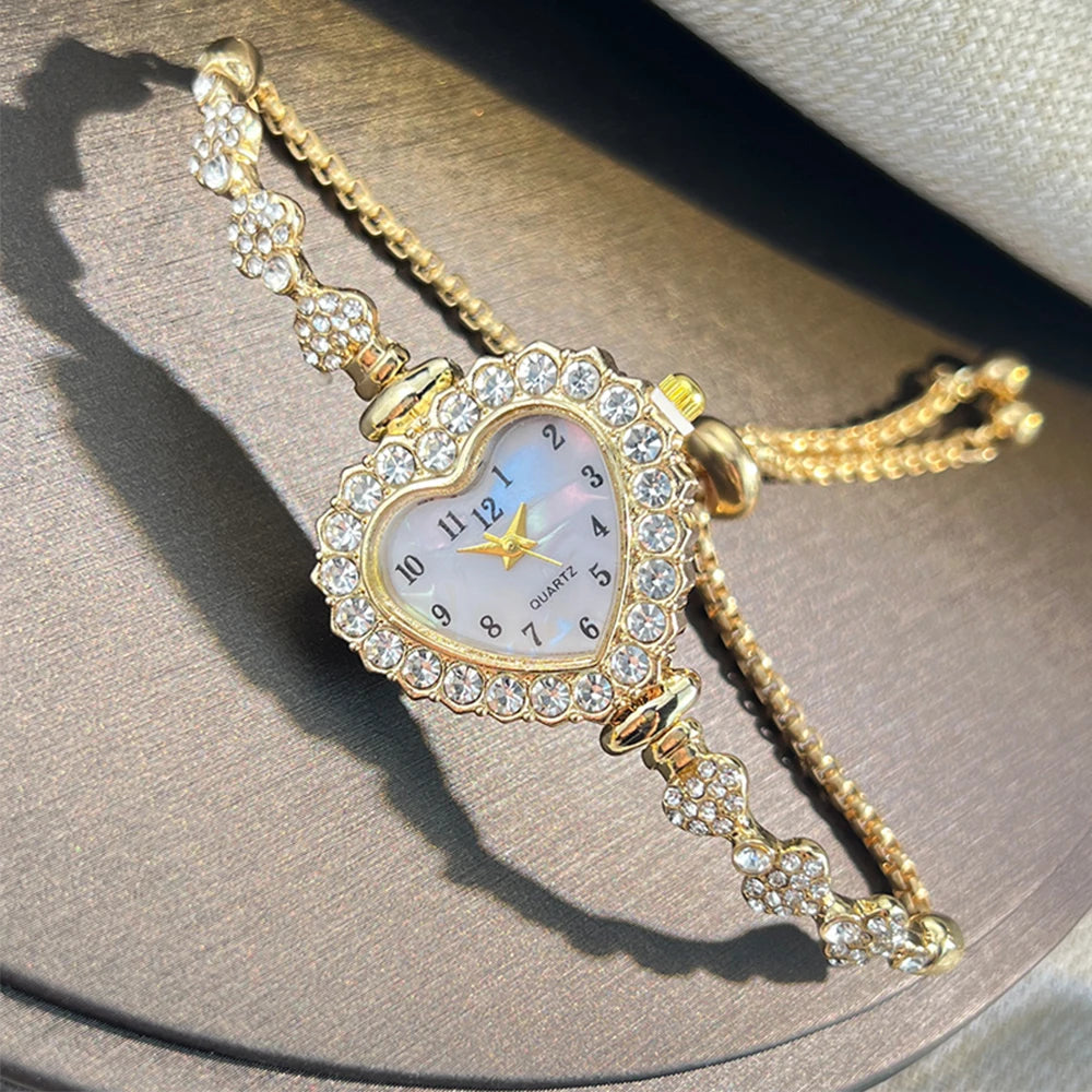 New Fashion Heart-shaped Ribbon-Strap Diamond-Studded Flower Watch for Women with Adjustable Bracelet Good Vibrations