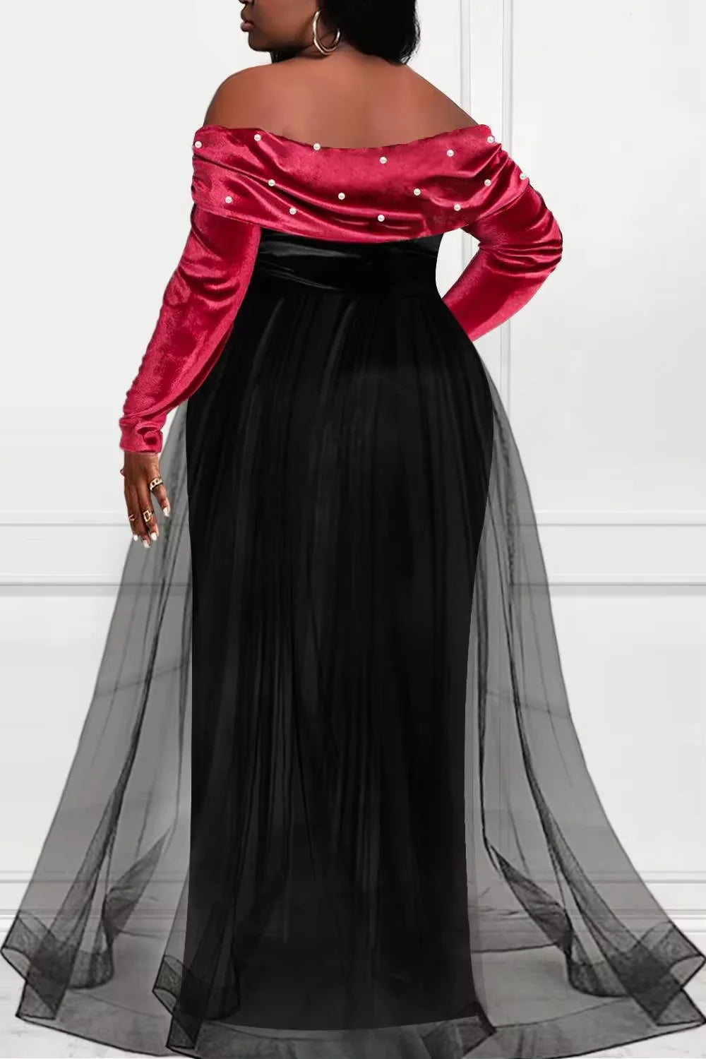 Women's Plus Size Formal Dress Off The Shoulder Pearl-Embellished Overlay Skirt Velvet Split Maxi Dress Party Evening Dress Good Vibrations