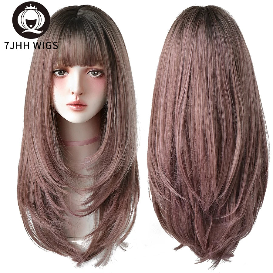 7JHHWIGS Long Wavy Synthetic Black Wigs For Women With Fringe Fashion Heat Resistant Mid-Length Daily Straight Light Brown Hair Good Vibrations