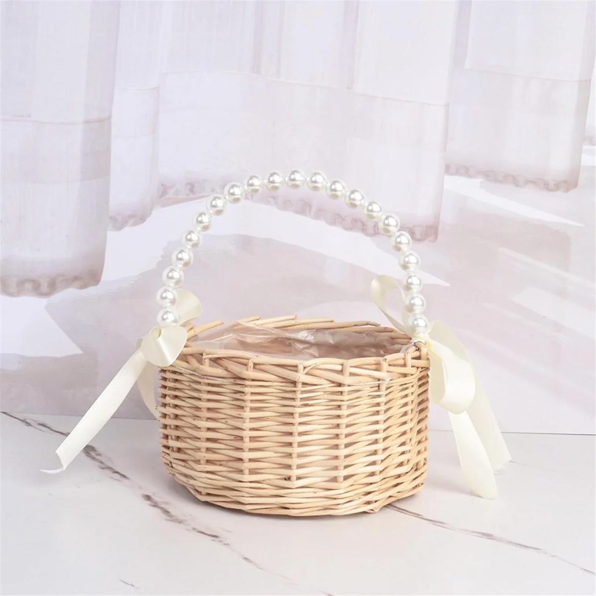 Wicker Flower Girl Basket for Weddings, Rattan Flower Basket Handmade Flower Girl Basket with Handle and RibbonT99C Good Vibrations