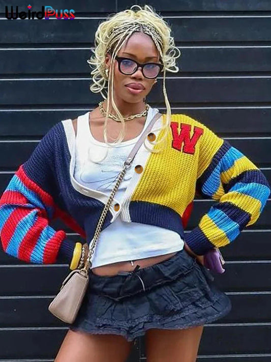 Weird Puss colorful Y2K cardigan sweater with letter print and patchwork design on woman model