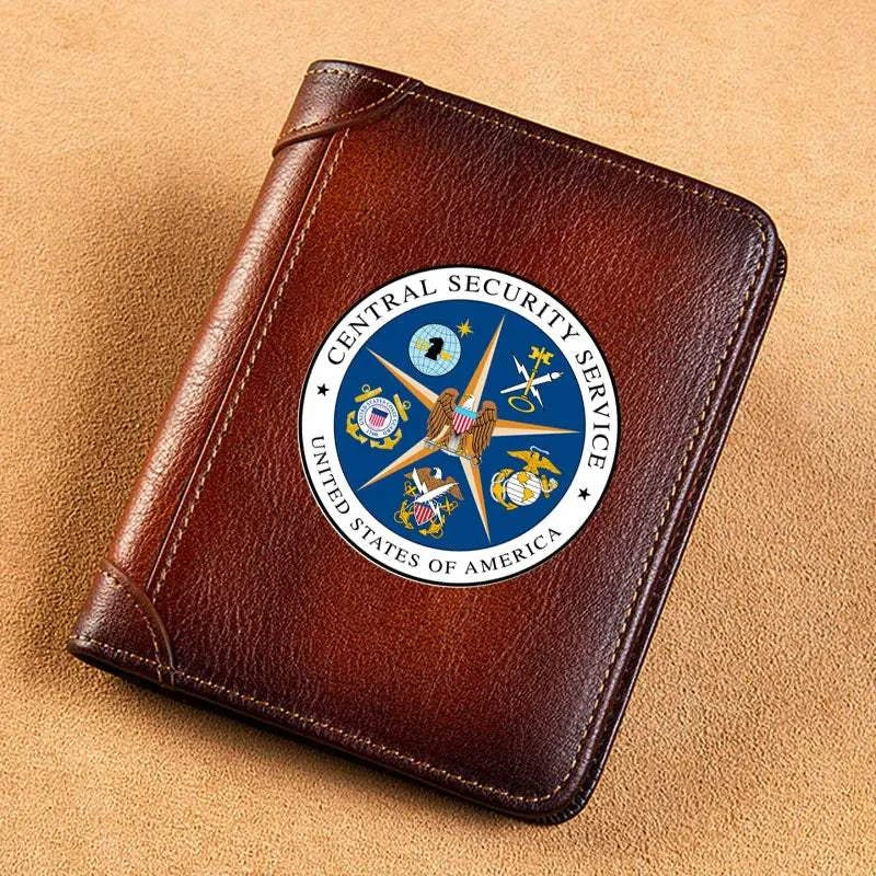 High Quality Genuine Leather Men USA FBI Department Of Justice Printing Cover Short Card Holder Purse Luxury Brand Male Wallet Good Vibrations