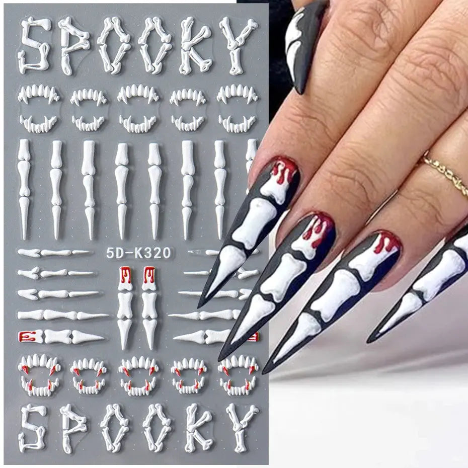 5D Halloween Nail Stickers White Bones Design Spooky Ghost Pumpkin Sliders for Nails Glitter Heart Spider Web Manicure Decals Good Vibrations
