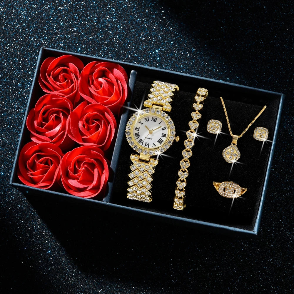 6Pcs Fashion Luxury Women Watch Necklace Earrings Ring Set For Women Rhinestone Wristwatch Bracelet Set Valentine's Day Gift Good Vibrations