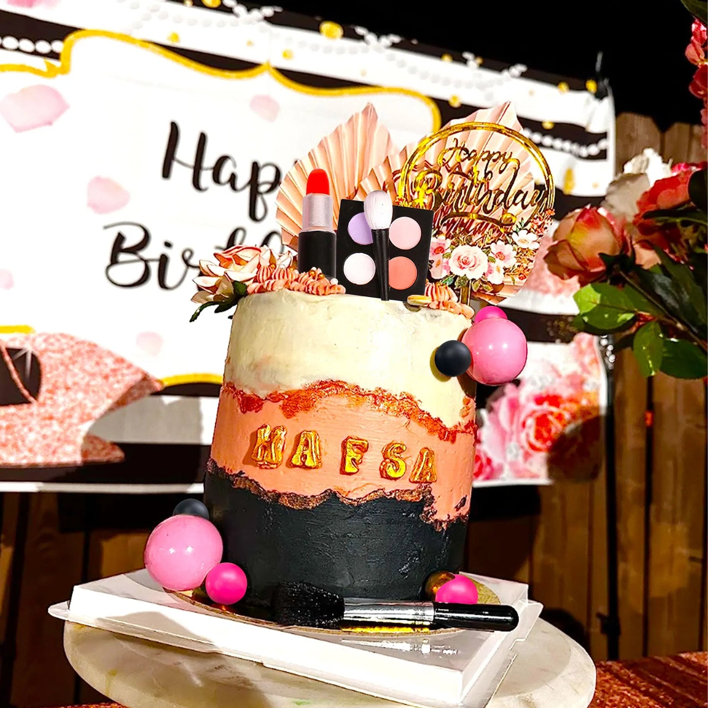 LaVenty Makeup Cake Toppers Glamour Party Decorations Girl Birthday Cake Topper Balls Palm Leaves Cake Topper Spa Cake Topper Good Vibrations