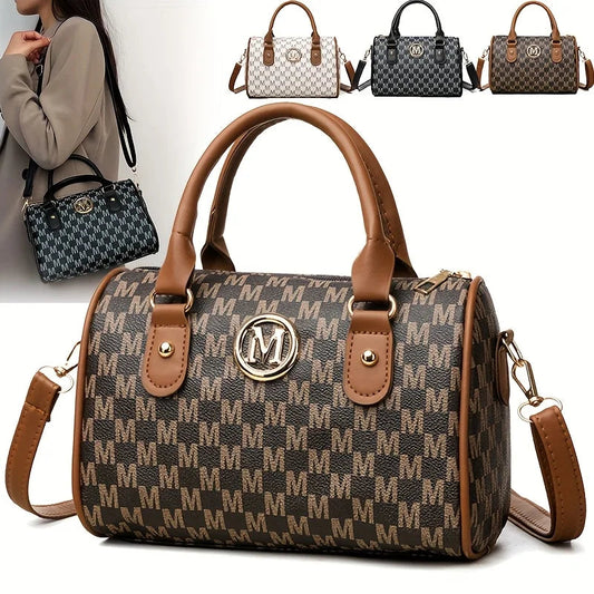 Women's Small Shoulder Crossbody Bag with Golden "M" Design, Synthetic Faux Leather Purse for Work, Travel, Parties & Gifts Good Vibrations