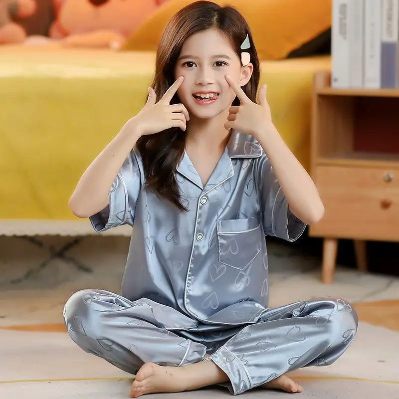 New Kids Spring Autumn Silk Satin Pajamas Set Girls Cartoon Button-Down Long Sleeve 2 Pieces Tops+Pants Sleepwear Pyjama Clothes Good Vibrations
