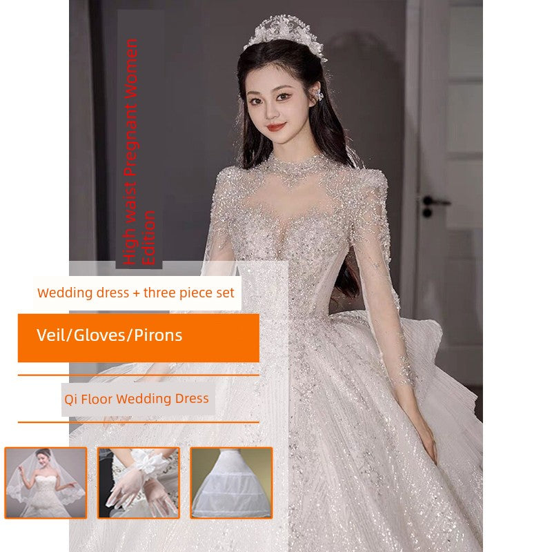 Primary Wedding Dress 2024 Bride New Arrival French Advanced Texture Pregnant Women Heavy Industry Vintage Court Style Trailing Long Sleeves Good Vibrations