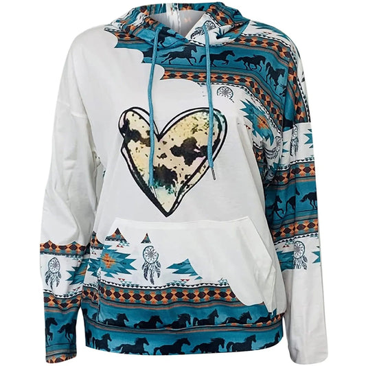 Womens Casual Geometric Horse Print Long Sleeve Drawstring Pullover Tops, Ethnic Style Hooded Sweatshirt Good Vibrations
