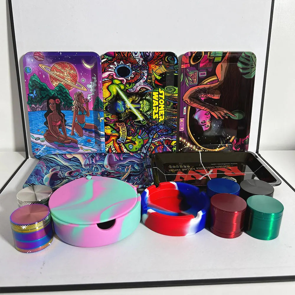18cmx12.5cm Herb Tobacco Rolling Tray Set Silicone Ashtray Ash Tray 40mm Metal Herbal Grinder Kit Smoking Accessories Good Vibrations Adult Super Store