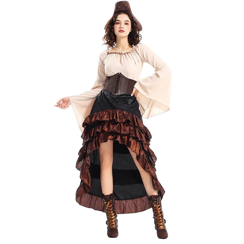 Halloween Womens Cosplay Medieval Pirate Costume Top Corset Skirt Hat Retro Voyager Dress Carnival Play Suit Party Fancy Dress Good Vibrations