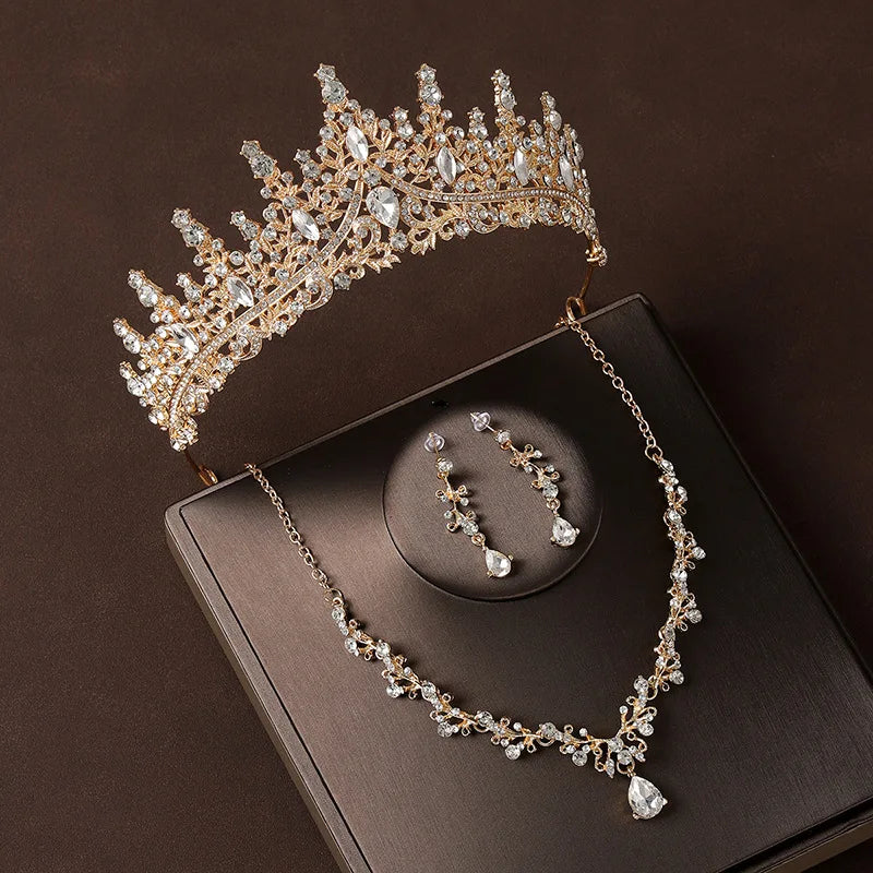 Bridal Wedding Jewelry 4-piece Set, Alloy Crystal Crown&Crystal Necklace&Earrings Women's Classic Wedding Tiaras Good Vibrations