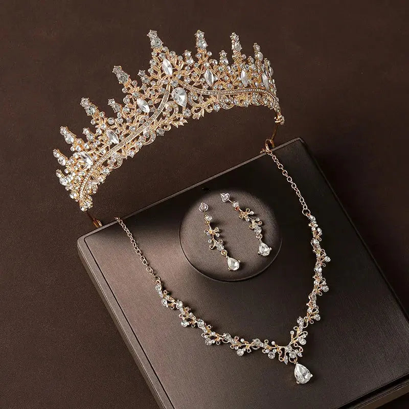 Bridal Wedding Jewelry 4-piece Set, Alloy Crystal Crown&Crystal Necklace&Earrings Women's Classic Wedding Tiaras Good Vibrations