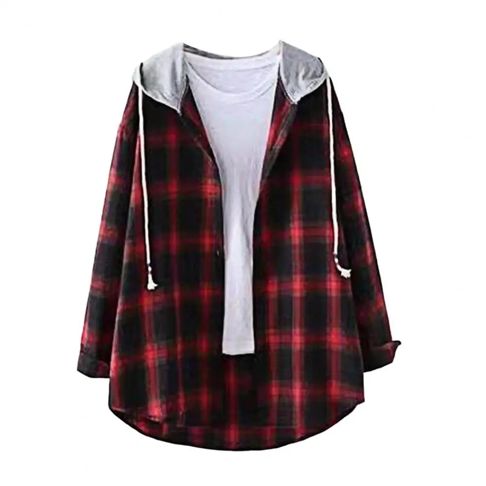 Autumn Women Shirts Hoodie Coat Plaid Print Loose Hooded Long Sleeves Drawstring Cardigan Single-breasted Buttons Spring Jacket Good Vibrations