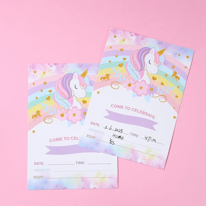 12pcs Invitation Card Unicorn Rainbow Balloon Envelope Card Girl Unicorn Theme Party Invitation Happy Birthday Party Decoration Good Vibrations