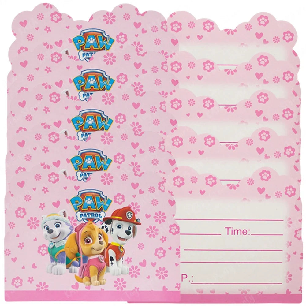 10/20/30Pcs Pink Skye Paw Patrol Party Invitations Girls Paper Cartoon Invitation Cards for Kids Birthday Baby Shower Decoration Good Vibrations