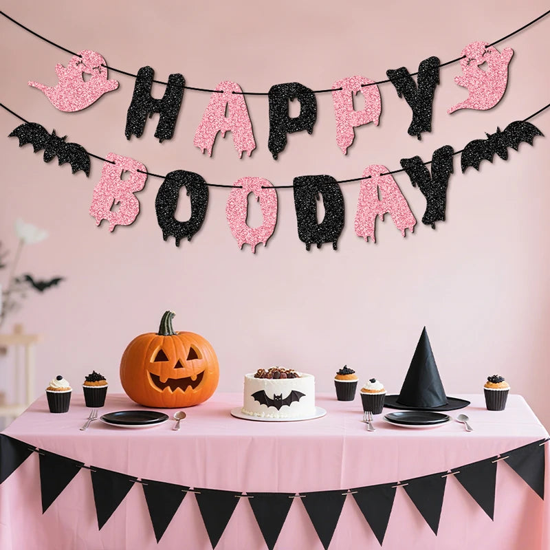 YOMDID Glitter Birthday Banner Happy Boo Day Party Banner Happy Letters Halloween Ghosts and Bats Happy Birthday Decorations Good Vibrations