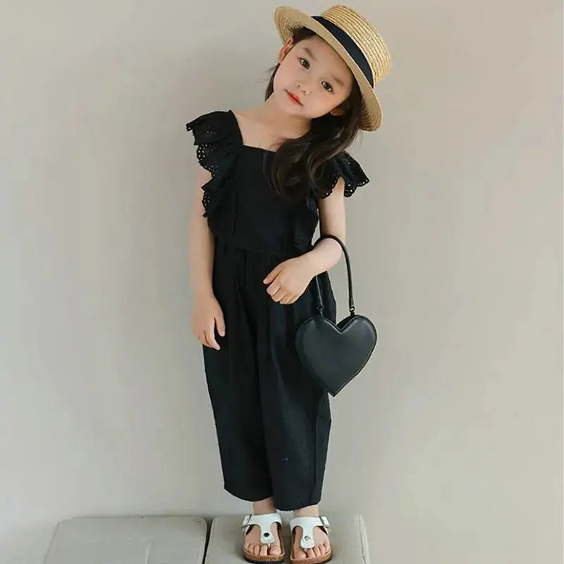 Girls' Clothing Set Hollow Lace Flying Sleeves Top+Cropped pants Summer New Solid Color Minimalist Temperament Children's Set Good Vibrations