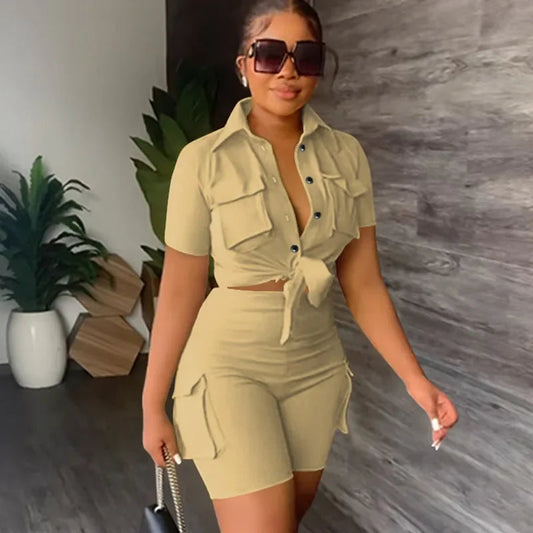 Streetwear Two Piece Set for Women Summer Outfits Pockets Short Sleeve Button-Up Shirt Top Short Sets Party Club Matching Sets Good Vibrations