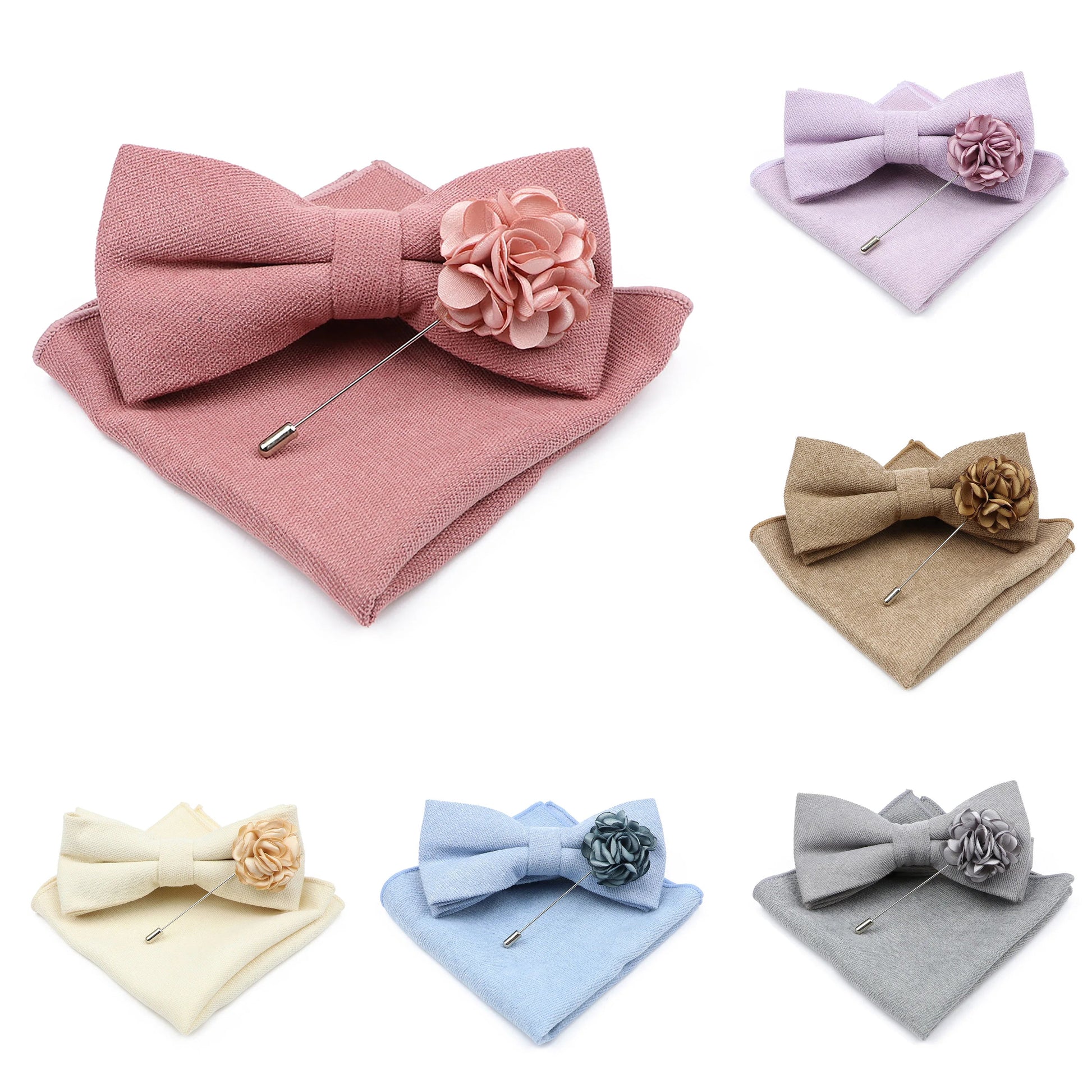 Mens Solid Color Cotton Bowtie Pocket Square Brooch Sets Pink Blue Super Soft Suede Bow Tie Handkerchief For Wedding Party Gift Good Vibrations