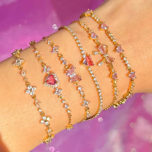 Y2K Exquisite Sweet Pink Zircon Bowknot Love Heart Chain Bracelet For Women Girls Party Birthday Jewelry Gift Good Vibrations Adult Super Store