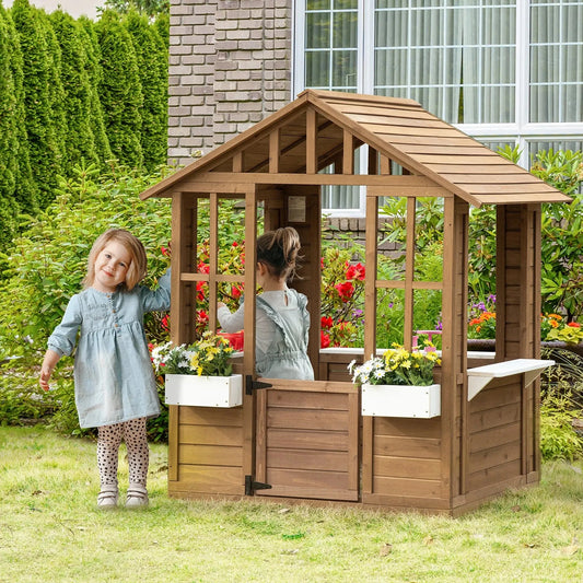 Kids Wooden Playhouse, Outdoor Garden Games Cottage with Working Door, Windows, Flowers Pot Holder, 47" x 38" x 54" Good Vibrations