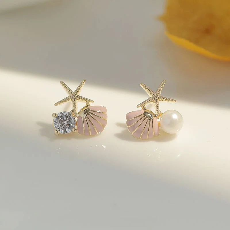 Fashion Asymmetric Ocean Style Earrings Stud For Women Starfish Shell Earring Ear Ring Imitation Pearl Zircon Jewelry Gift Good Vibrations
