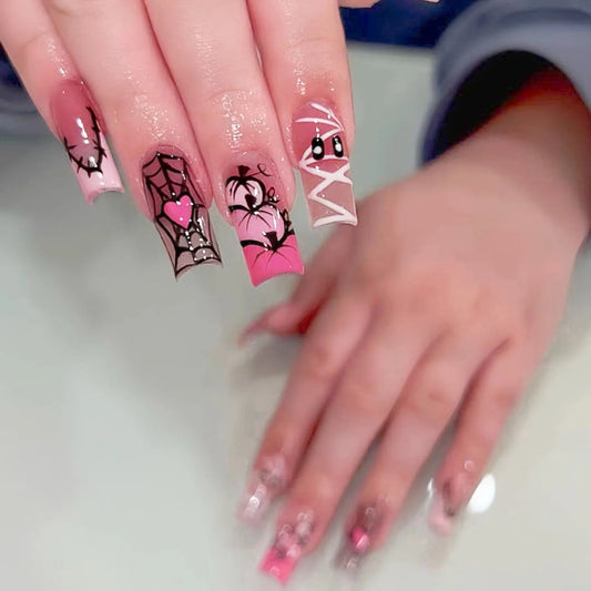 24pcs Sweet Cool Halloween False Nails Pink Medium Coffin French Fake Nails Bandage Ghost Spiderweb Pumpkin Design Press On Nail Good Vibrations
