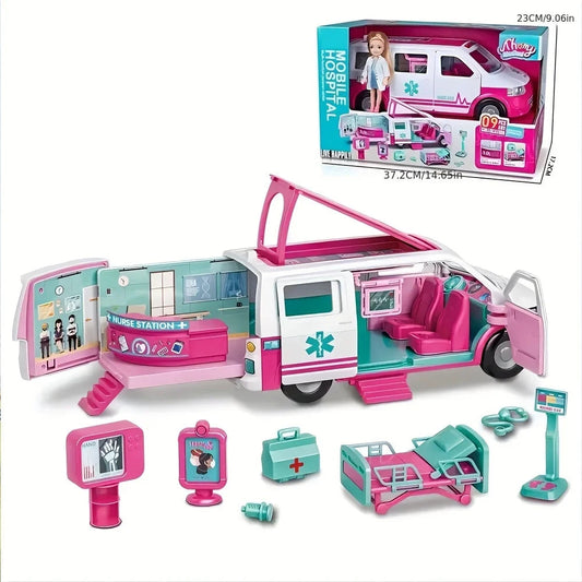 Toy Model Ambulance School Bus Puzzle Inertia Toy Car Playhouse Doctor Toy Car Model with Doll Accessories Christmas Gift Good Vibrations