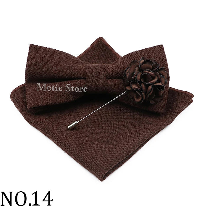 Mens Solid Color Cotton Bowtie Pocket Square Brooch Sets Pink Blue Super Soft Suede Bow Tie Handkerchief For Wedding Party Gift Good Vibrations