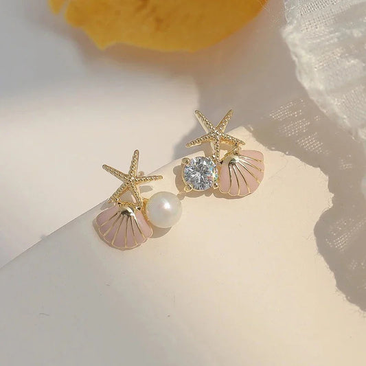 Fashion Asymmetric Ocean Style Earrings Stud  For Women Starfish Shell Earring Ear Ring Imitation Pearl Zircon Jewelry Gift Good Vibrations