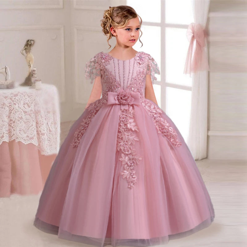 2025 New Elegant Girl Wedding Dress Embroidered Mesh Princess Dress 4-12 Year Old Girl Graduation Party Prom Evening Dress Good Vibrations