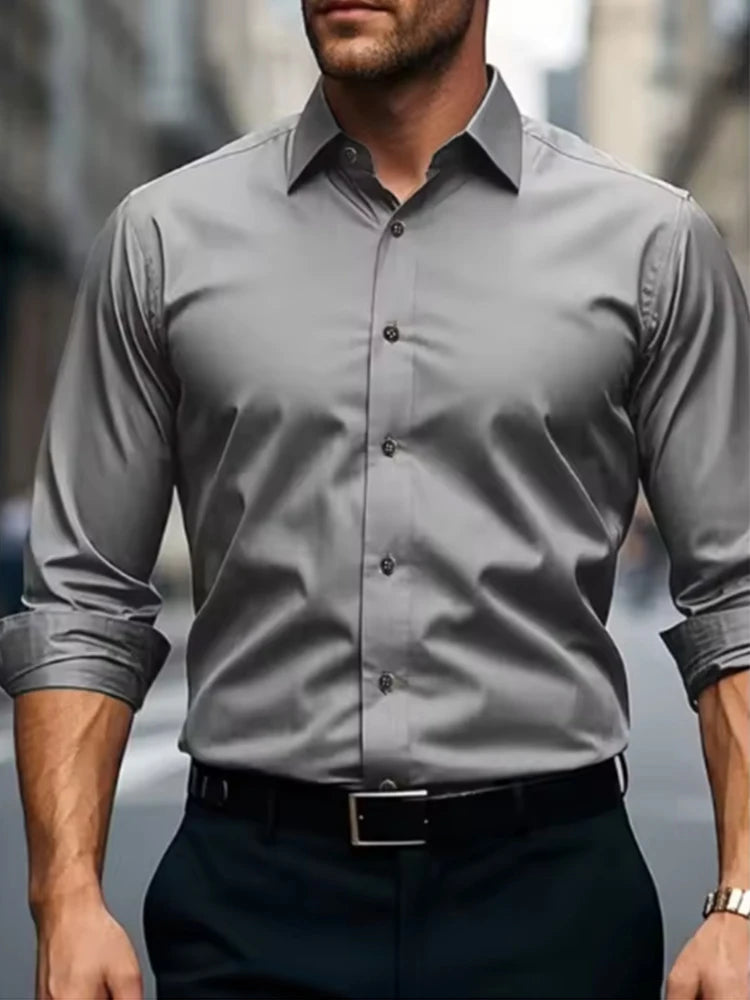 New men's formal black shirt summer long-sleeved thin business casual breathable no-iron slimming solid color Good Vibrations