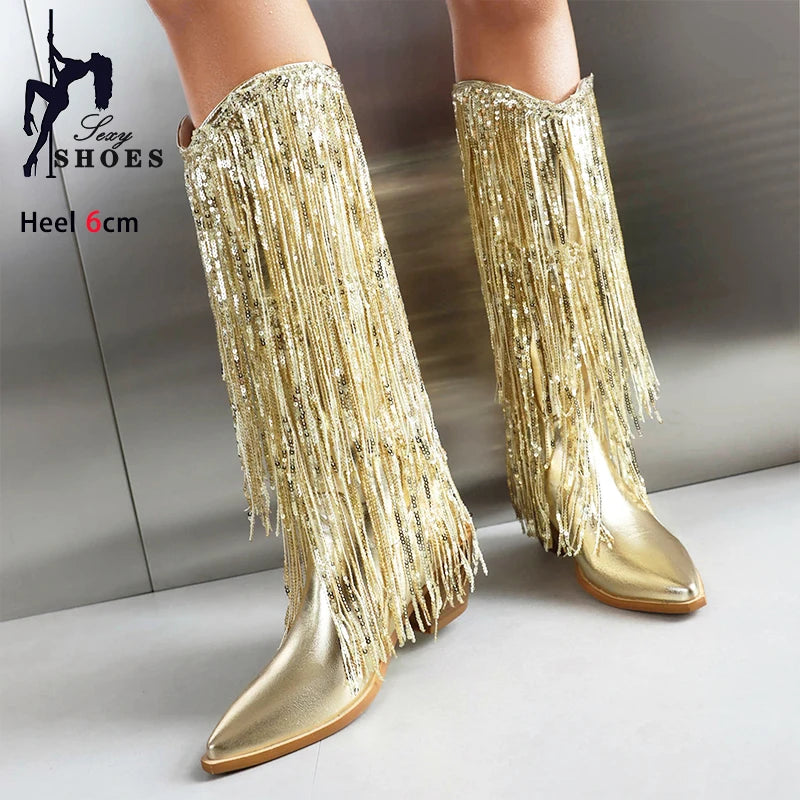 Women Western Fringe Boot 2024 New Cowgirls Blue Sequin Glitter High Heels Nightclub Club Shoes Woman Stage Show Mid-Calf Boots Good Vibrations