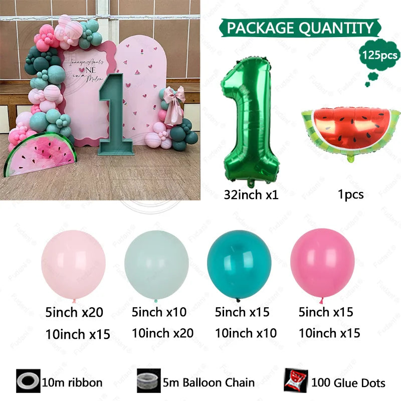 125pcs Summer Fruit Themed Party Decoration Green Number Birthday Balloon Set Red Watermelon Balloon Birthday Photo Background Good Vibrations