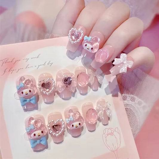 Sanrio Kawaii Pink My Melody Fake Nails 24Pc 3D kuromi Anime Cute Nail Patches False Nail Tips Cartoon Y2K Fashion Press on Nail Good Vibrations