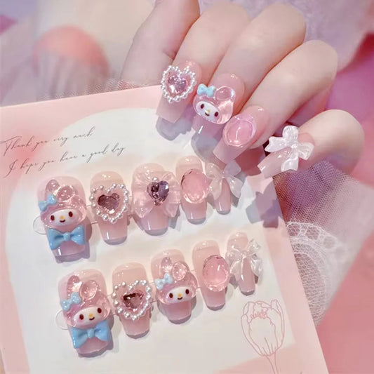 Sanrio Kawaii Pink My Melody Fake Nails 24Pc 3D kuromi Anime Cute Nail Patches False Nail Tips Cartoon Y2K Fashion Press on Nail Good Vibrations