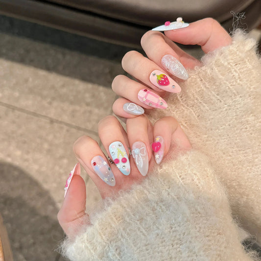 Handmade Press on Nails Ins Sweet Pink Blue Color Fake Nails for Girls Wearable 3D Cherry Love Star Korean Cute False Nail Tips Good Vibrations