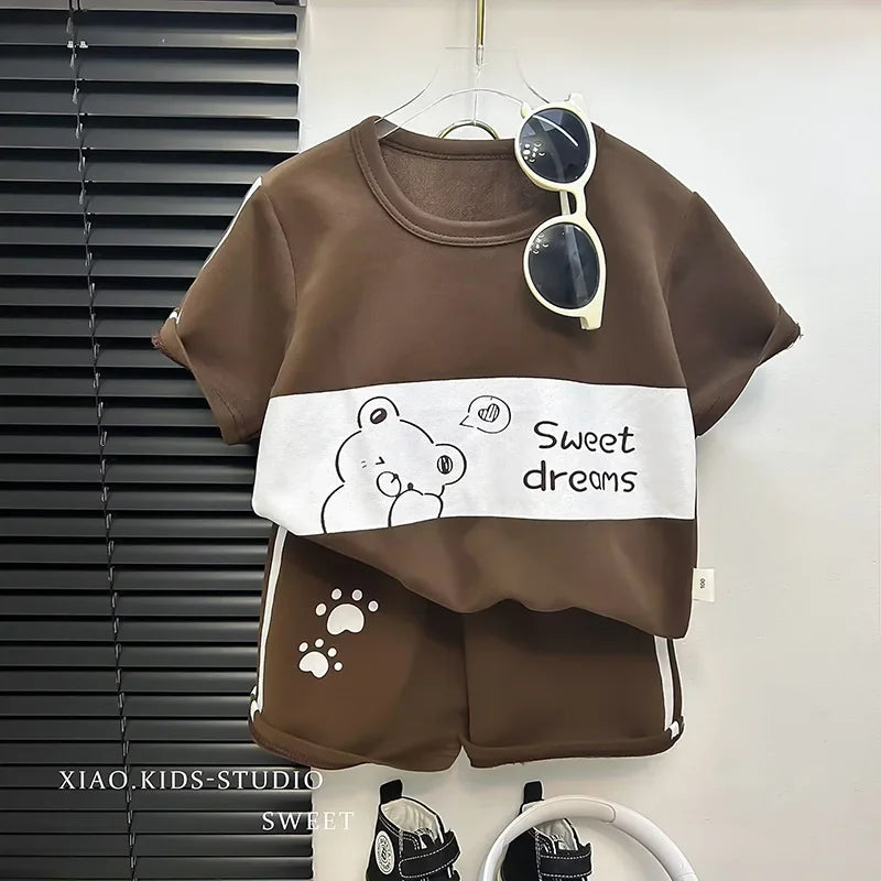 2024 New Kids Short Sleeve Suit Striped Girls Boys Set Summer Tops +short Baby Clothes Children's Wear Good Vibrations