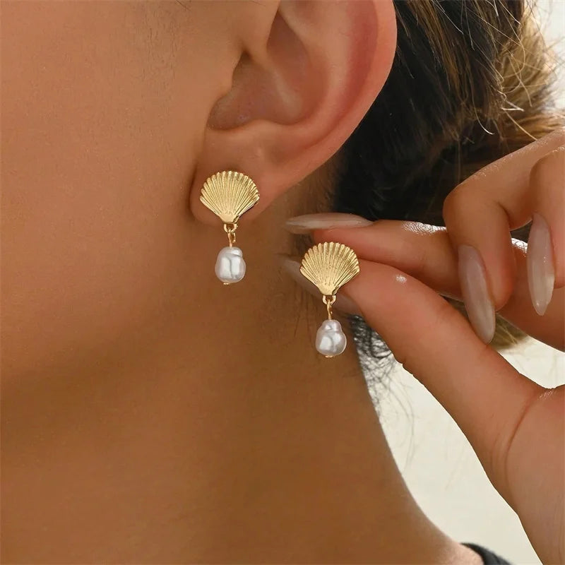 Fashion Asymmetric Ocean Style Earrings Stud For Women Starfish Shell Earring Ear Ring Imitation Pearl Zircon Jewelry Gift Good Vibrations